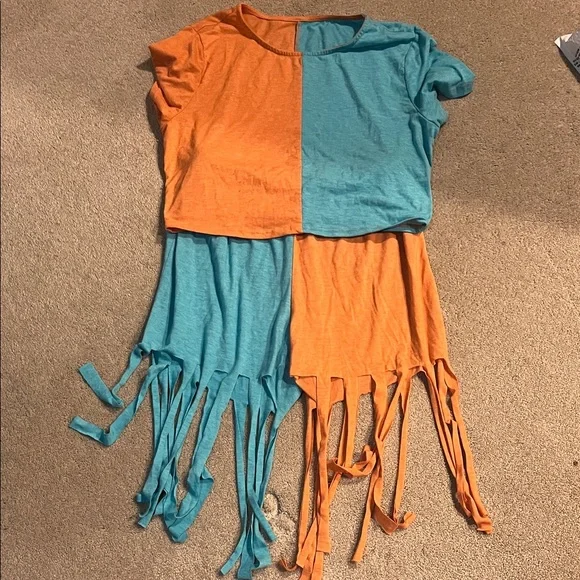 SHEIN Orange and Blue Fringe Bike Shorts Set - Picture 1 of 2